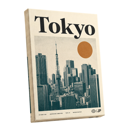 Tokyo Metropolis, black, beige, brown minimalist wall art shown as a stretched canvas wall art