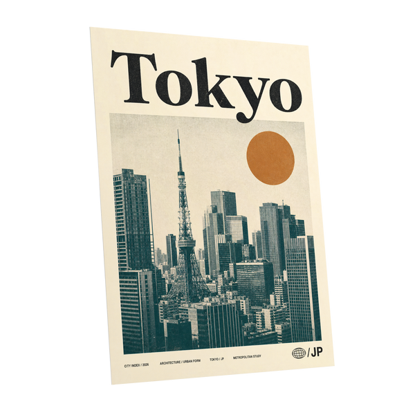 Tokyo Metropolis, black, beige, brown minimalist wall art shown as a unframed poster wall art print