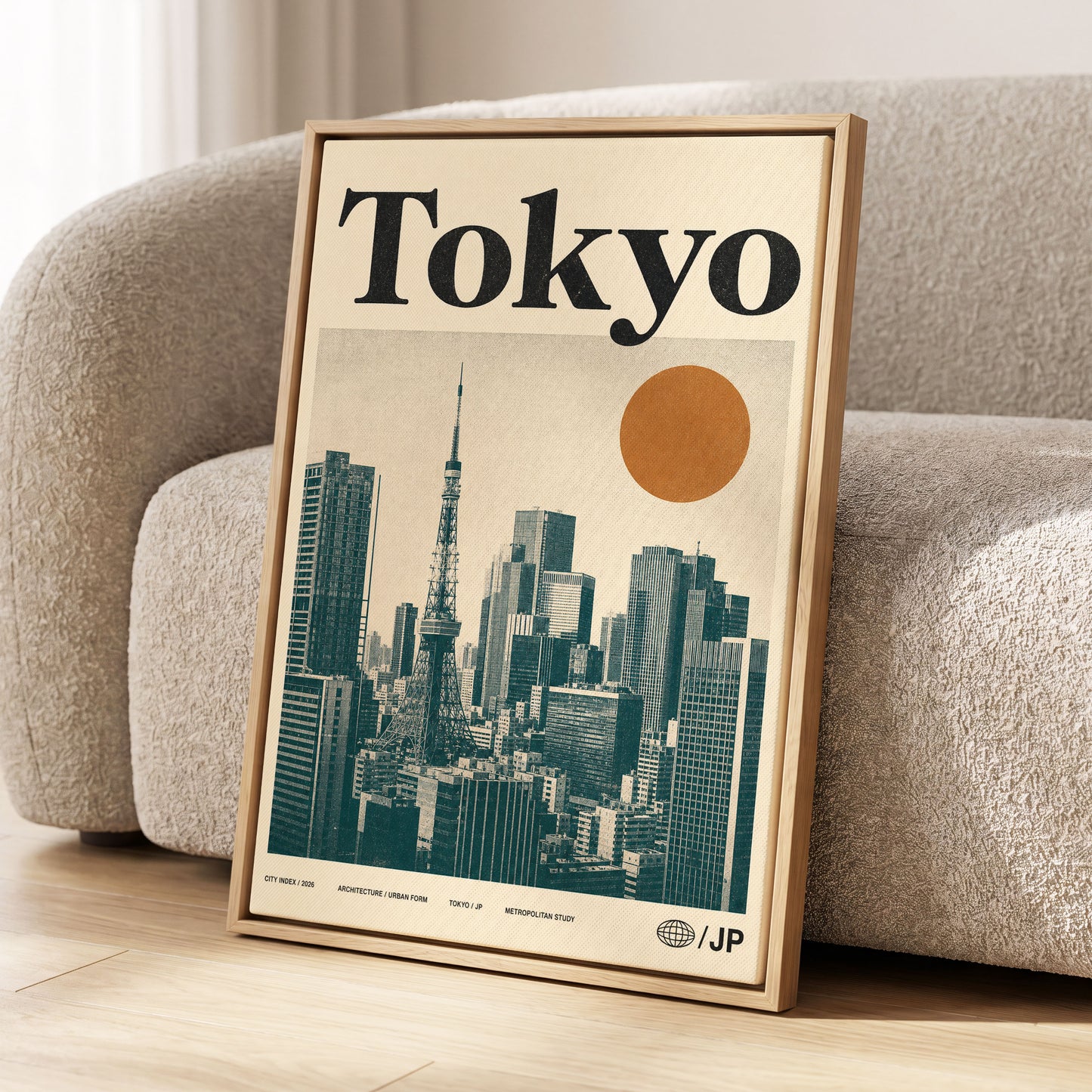 Tokyo Metropolis, black, beige, brown minimalist wall art displayed in a styled interior, gallery view 1