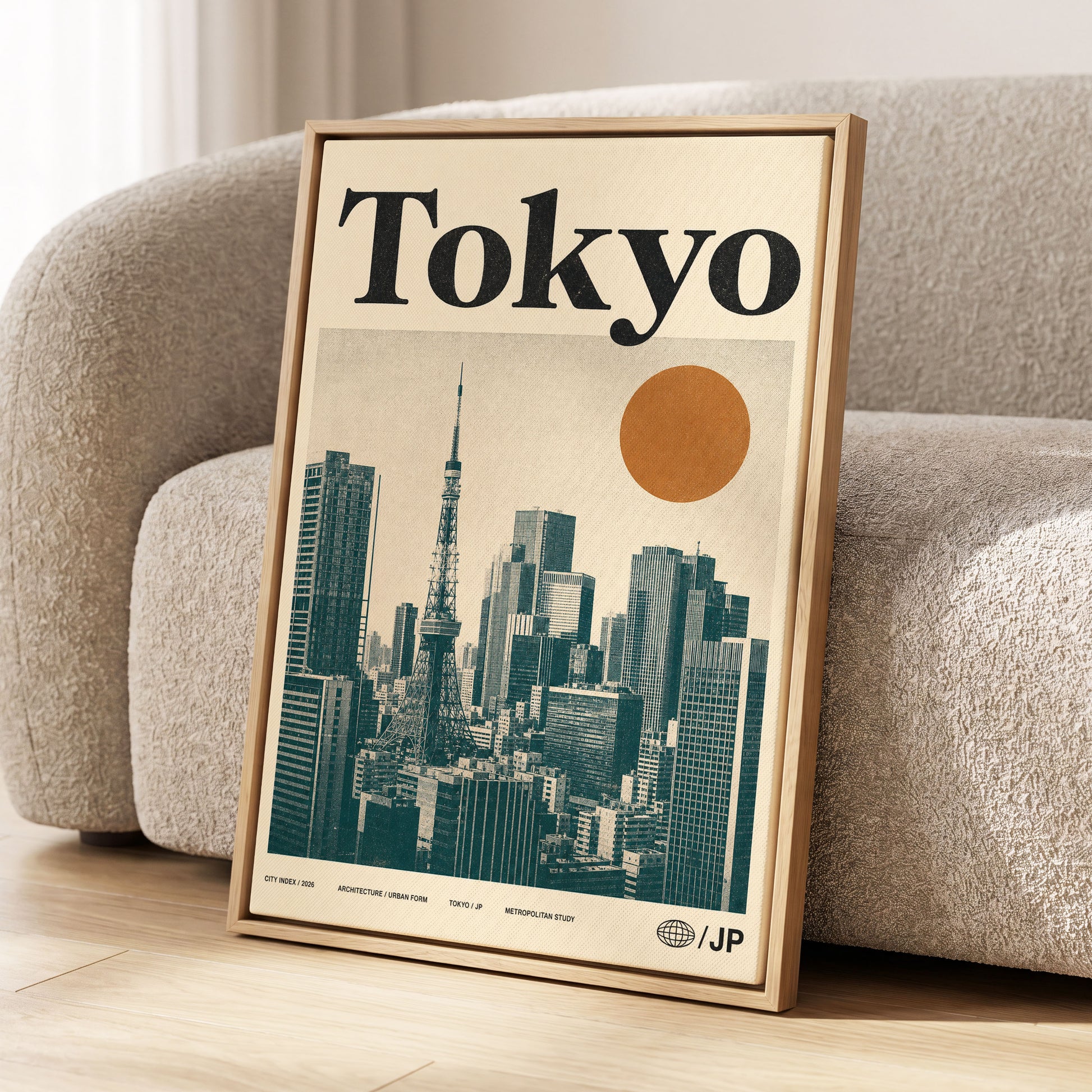 Tokyo Metropolis, black, beige, brown minimalist wall art displayed in a styled interior, gallery view 1