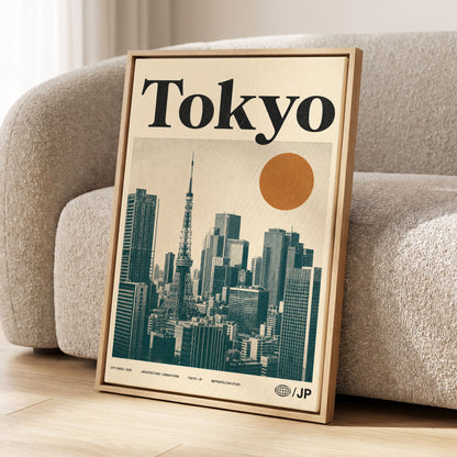 Tokyo Metropolis, black, beige, brown minimalist wall art displayed in a styled interior, gallery view 1