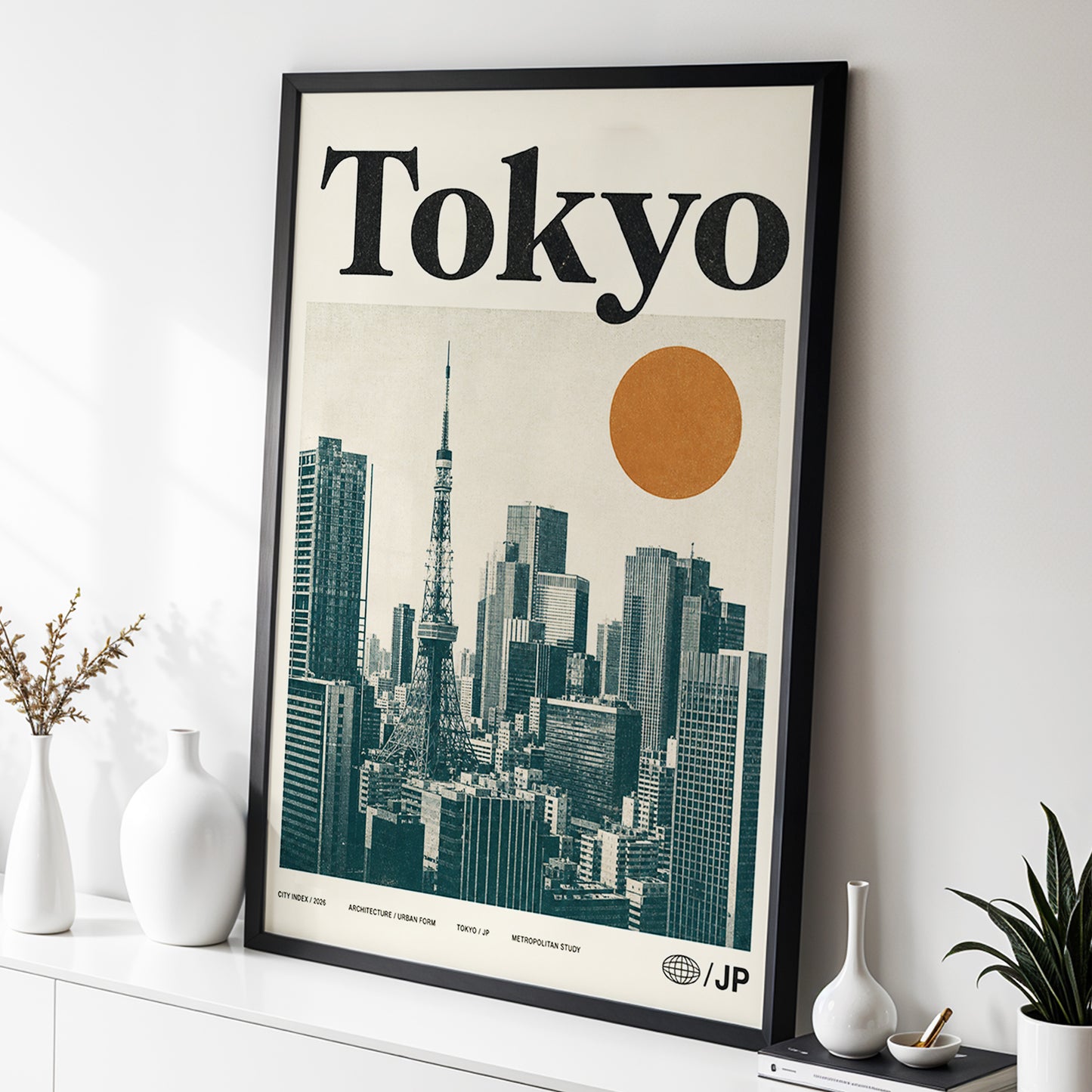 Tokyo Metropolis, black, beige, brown minimalist wall art displayed in a styled interior, gallery view 2