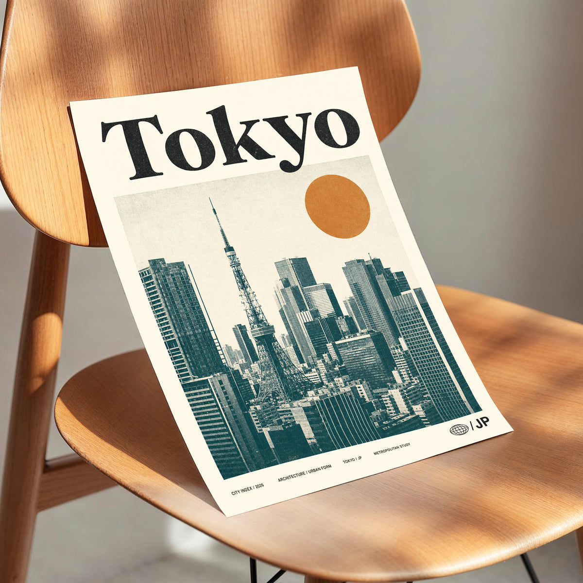 Tokyo Metropolis, black, beige, brown minimalist wall art displayed in a styled interior, gallery view 3