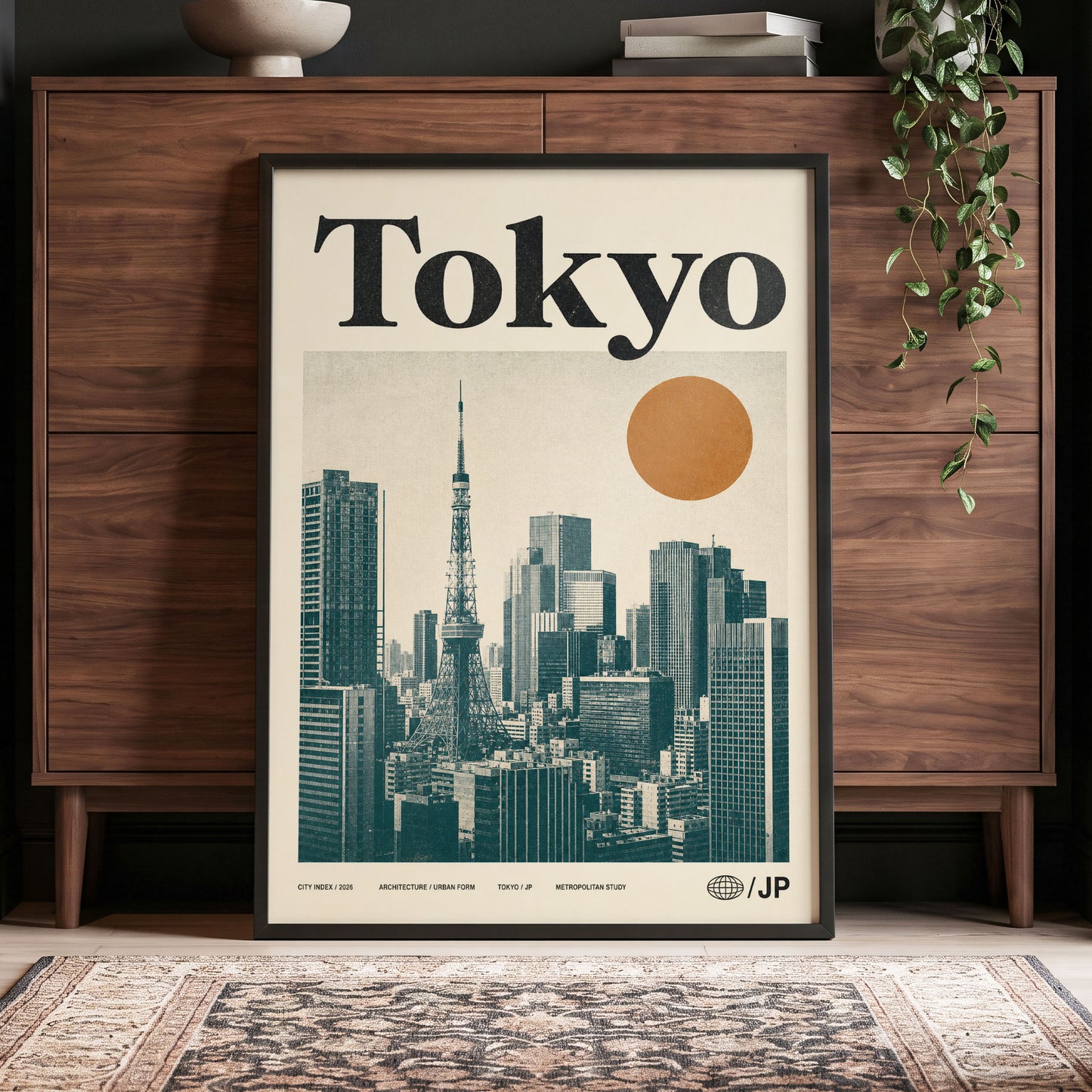 Tokyo Metropolis, black, beige, brown minimalist wall art displayed in a styled interior, gallery view 4