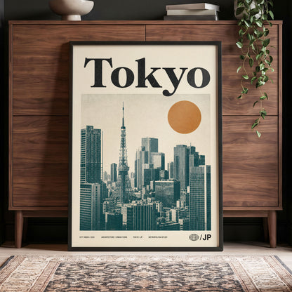 Tokyo Metropolis, black, beige, brown minimalist wall art displayed in a styled interior, gallery view 4