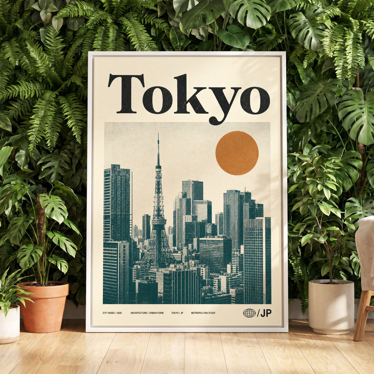 Tokyo Metropolis, black, beige, brown minimalist wall art displayed in a styled interior, gallery view 5