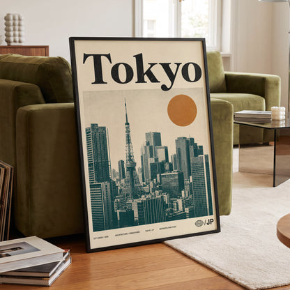 Tokyo Metropolis, black, beige, brown minimalist wall art displayed in a styled interior, gallery view 6