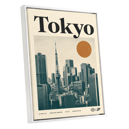 Tokyo Metropolis, black, beige, brown minimalist wall art shown as a white framed canvas wall art