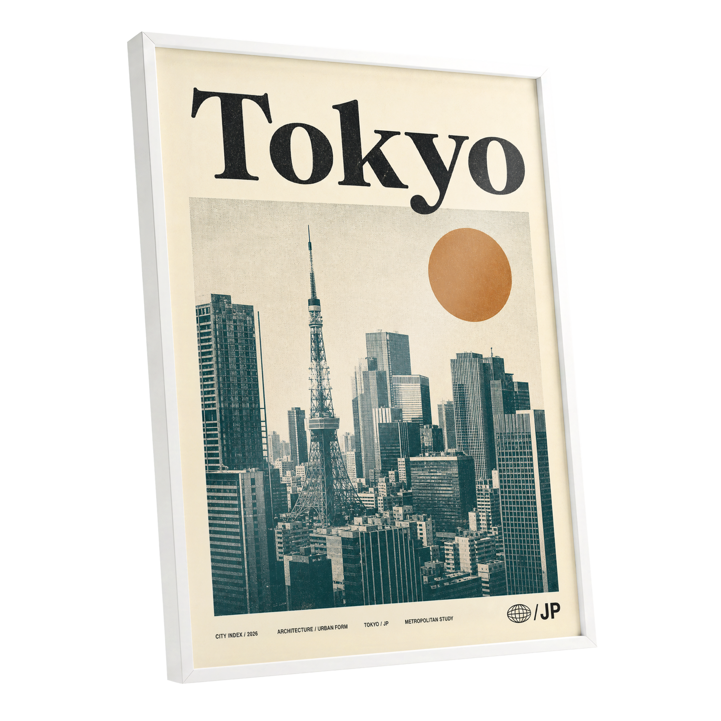 Tokyo Metropolis, black, beige, brown minimalist wall art shown as a white framed poster wall art print