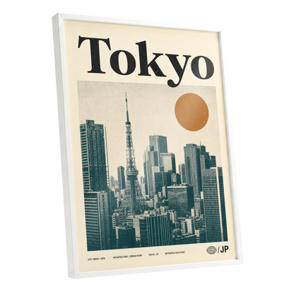 Tokyo Metropolis, black, beige, brown minimalist wall art shown as a white framed poster wall art print