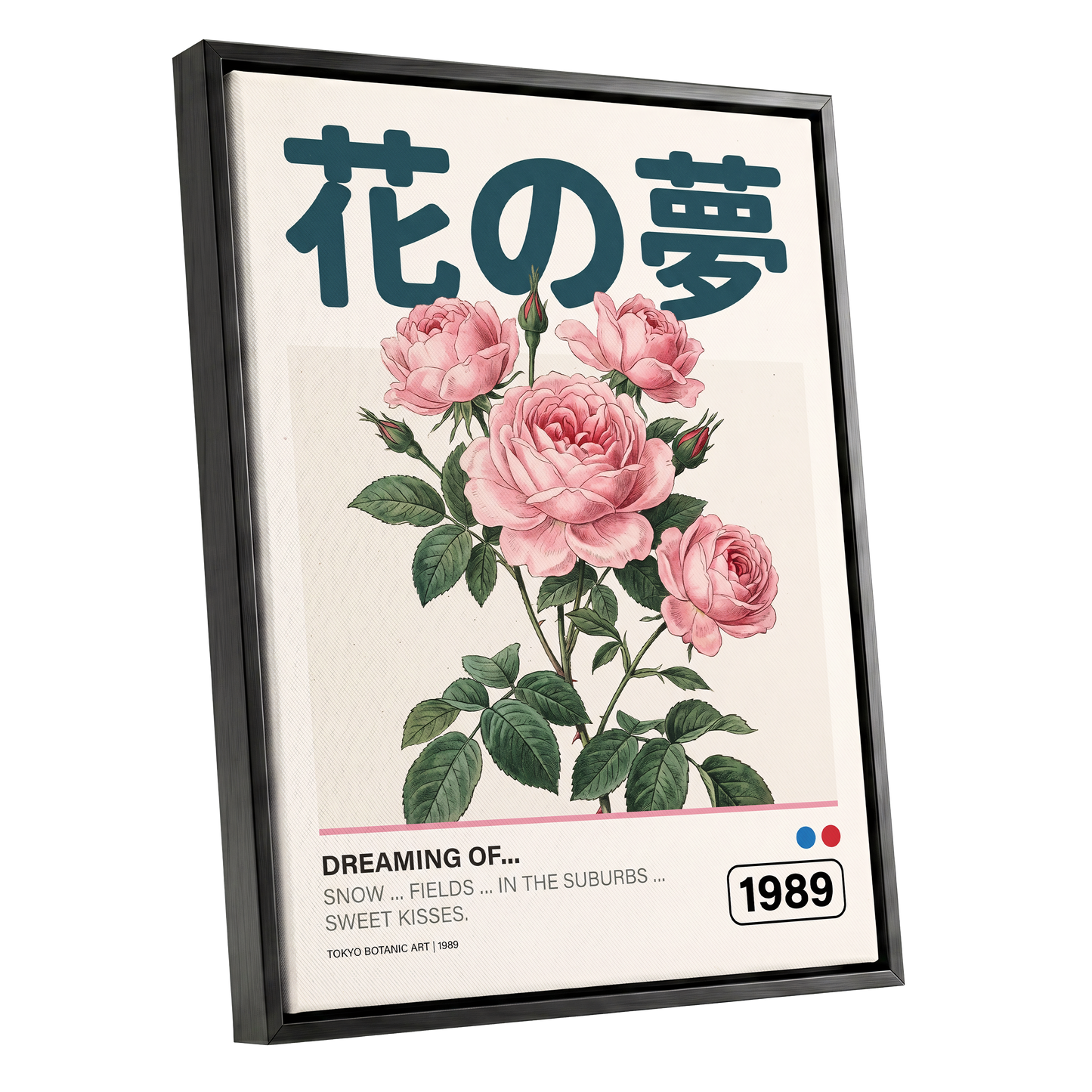 Tokyo Rose Reverie, pink, green, beige floral wall art shown as a black framed canvas wall art