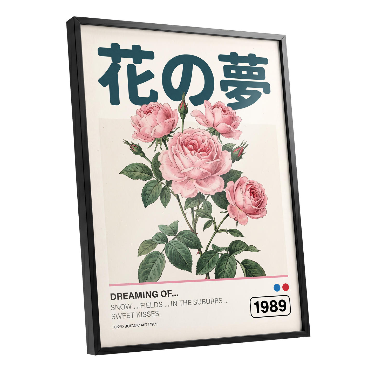 Tokyo Rose Reverie, pink, green, beige floral wall art shown as a black framed poster wall art print