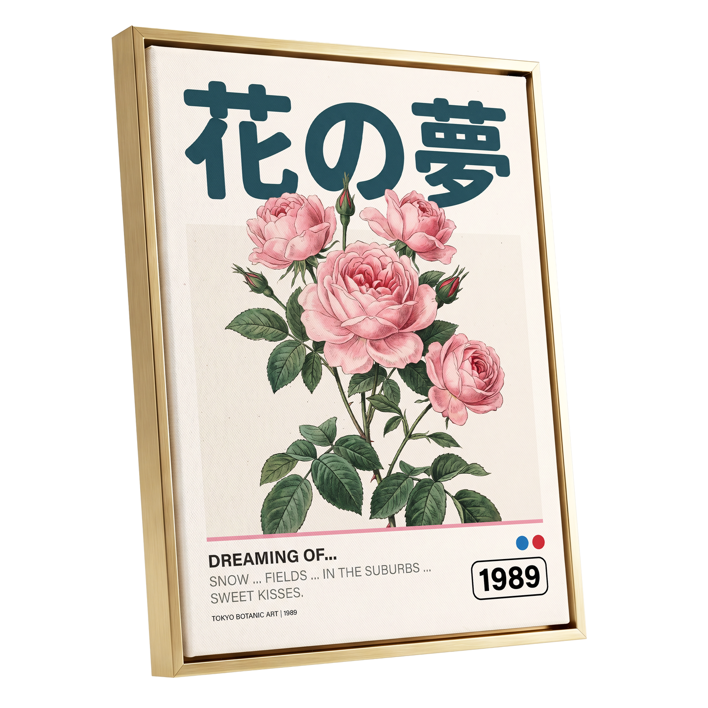Tokyo Rose Reverie, pink, green, beige floral wall art shown as a gold framed canvas wall art
