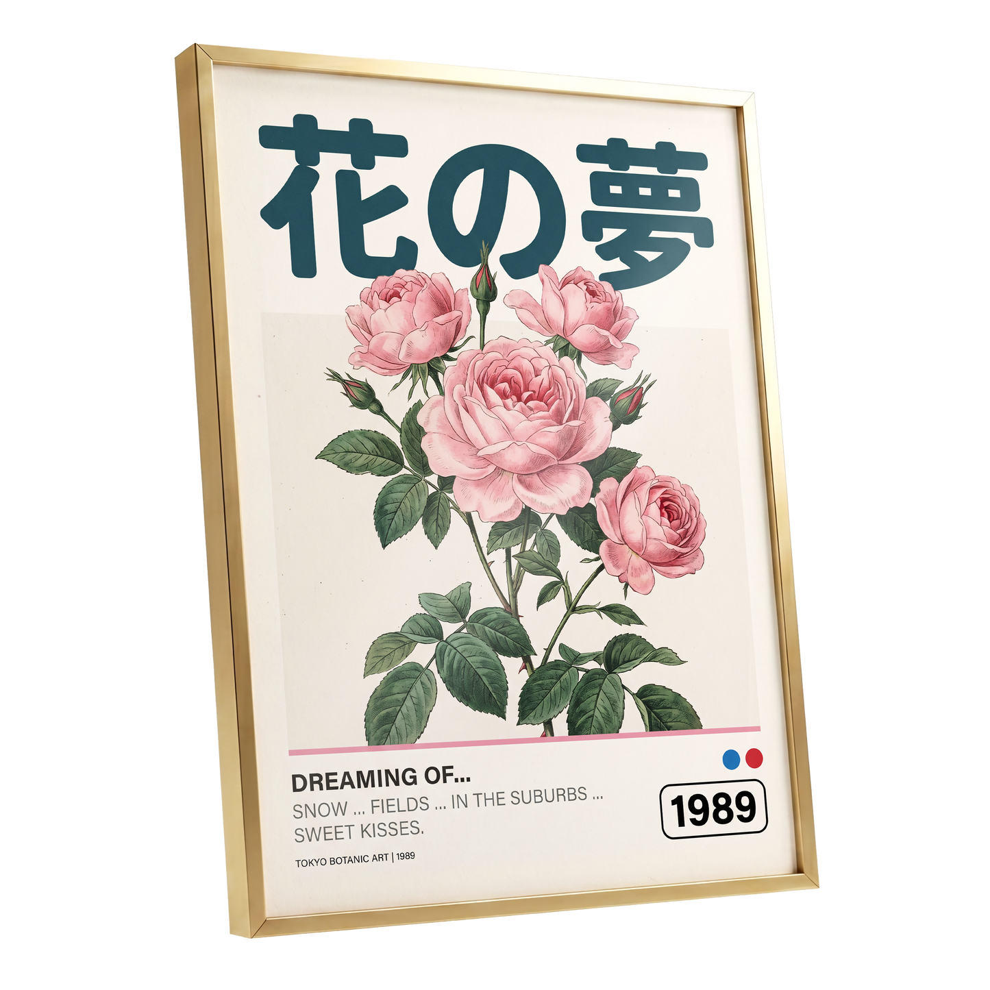 Tokyo Rose Reverie, pink, green, beige floral wall art shown as a gold framed poster wall art print