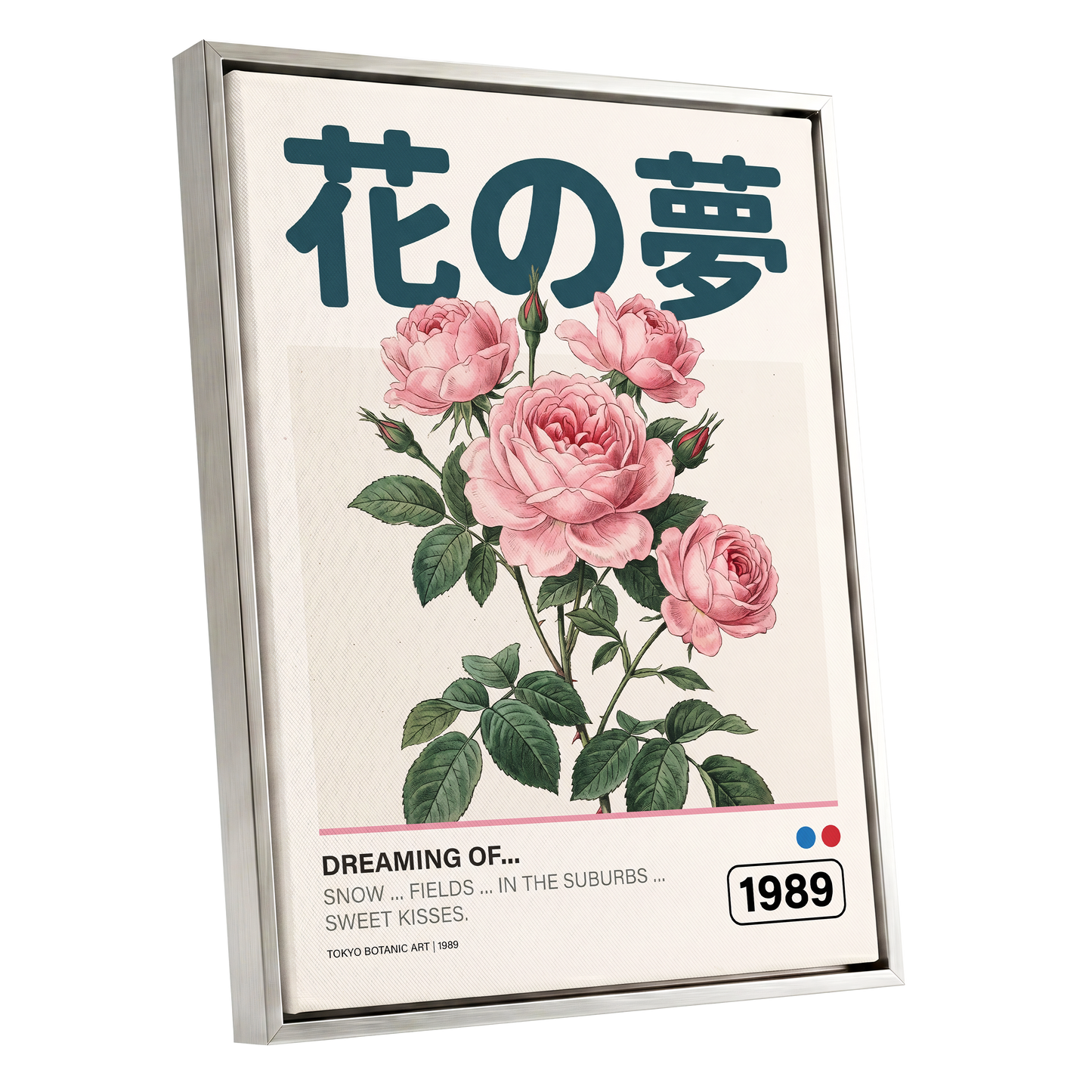 Tokyo Rose Reverie, pink, green, beige floral wall art shown as a silver framed canvas wall art