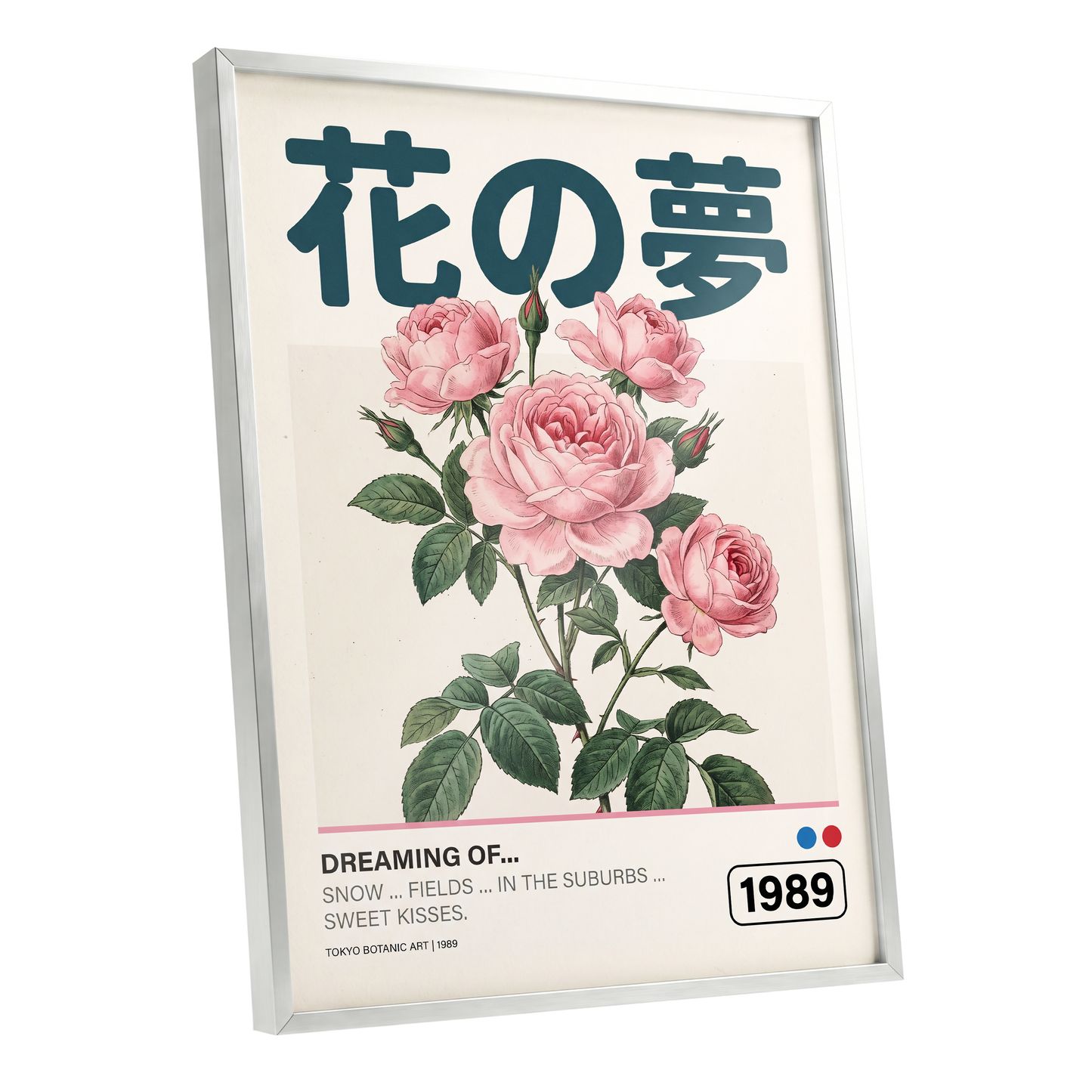 Tokyo Rose Reverie, pink, green, beige floral wall art shown as a silver framed poster wall art print
