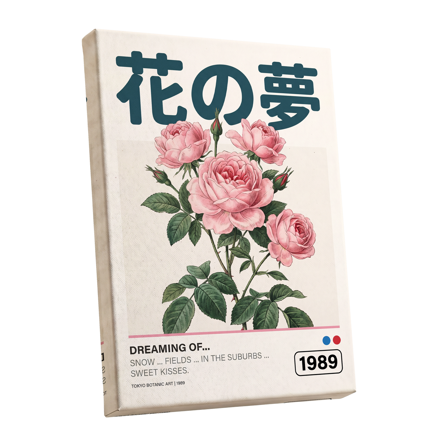 Tokyo Rose Reverie, pink, green, beige floral wall art shown as a stretched canvas wall art