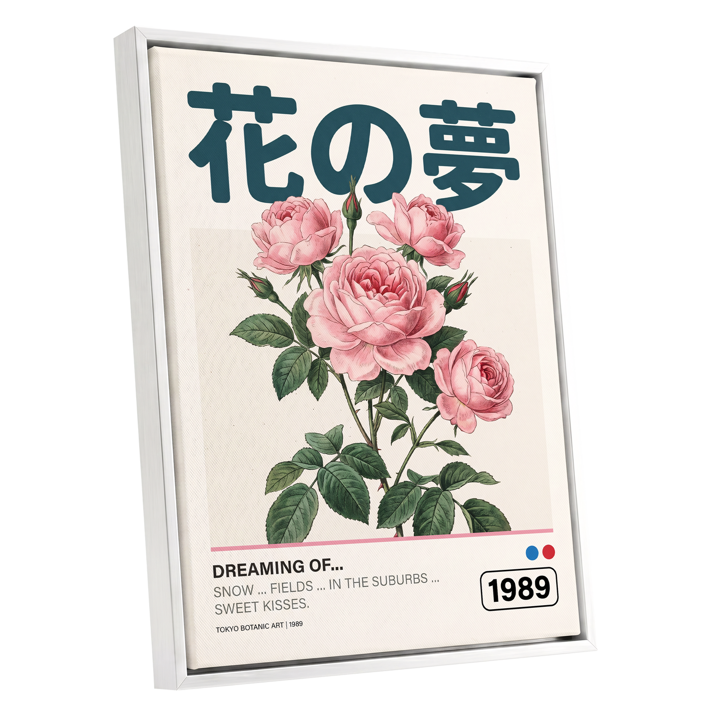 Tokyo Rose Reverie, pink, green, beige floral wall art shown as a white framed canvas wall art