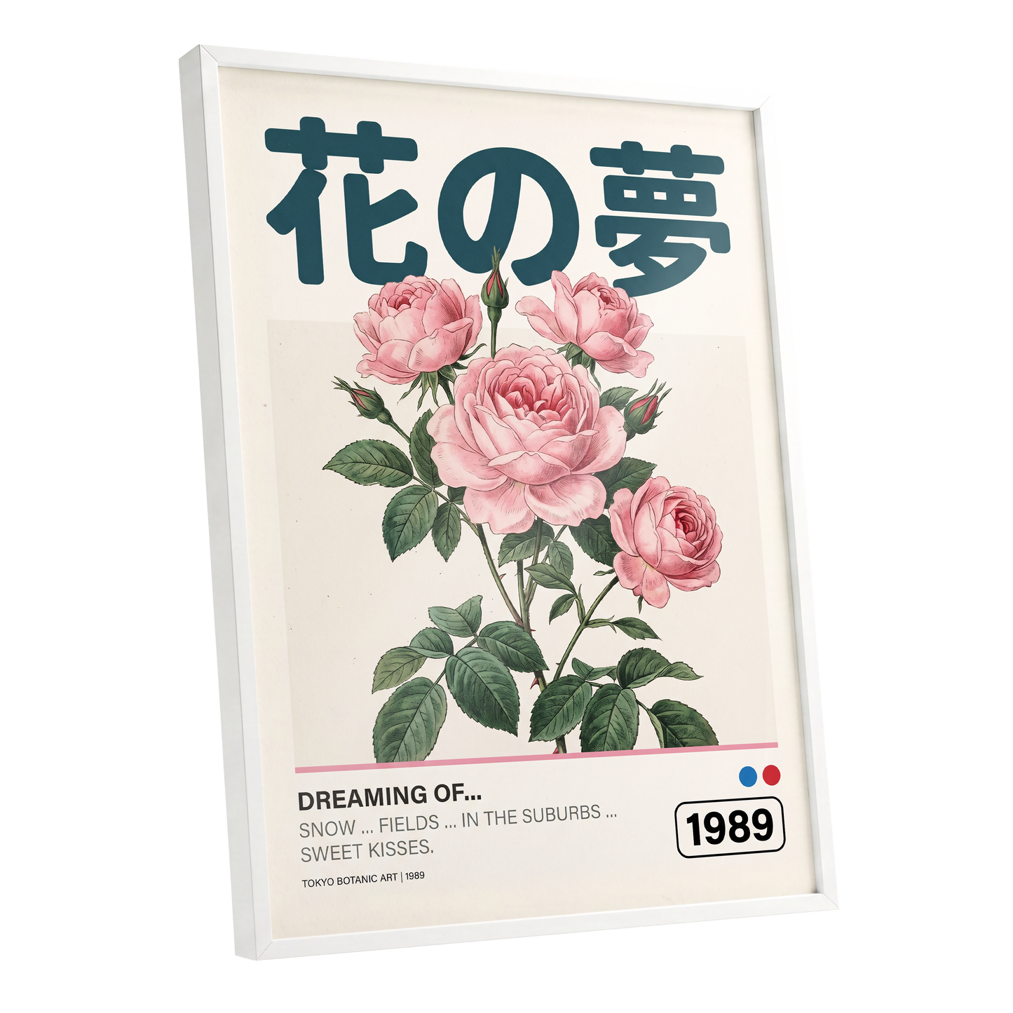 Tokyo Rose Reverie, pink, green, beige floral wall art shown as a white framed poster wall art print