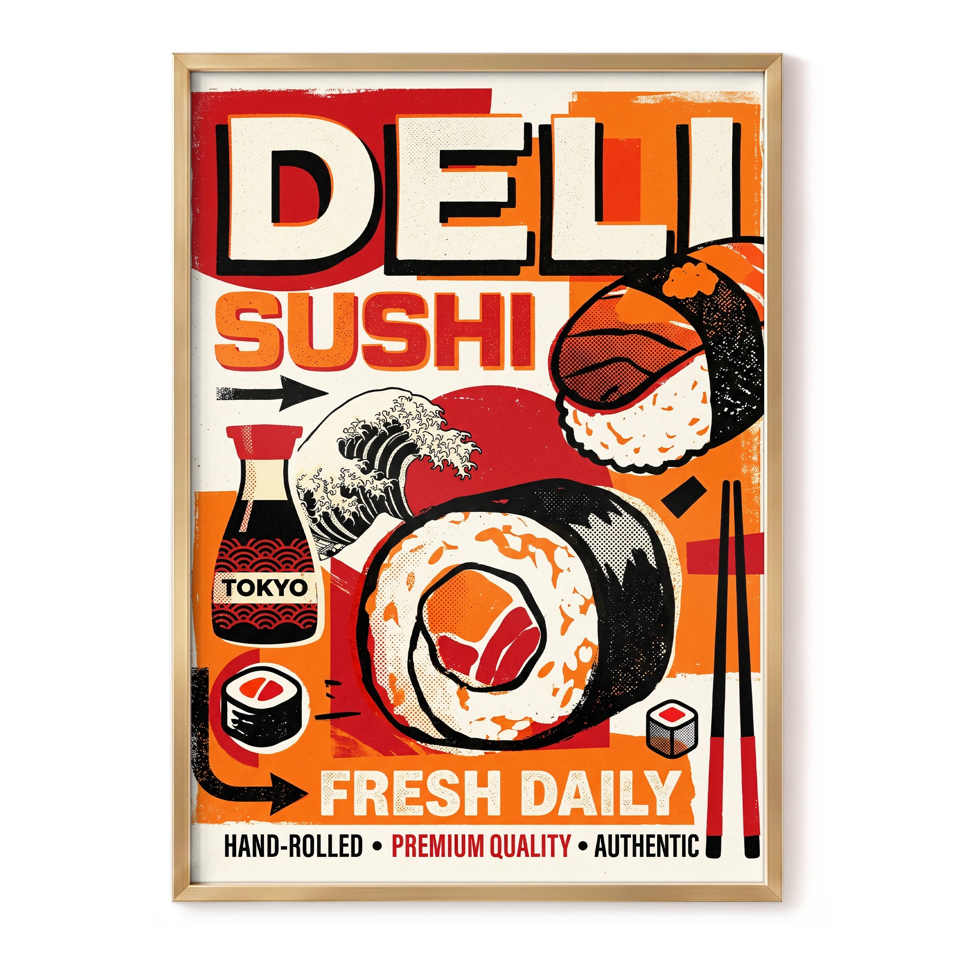 Tokyo Sushi Rush, red, orange, black abstract wall art, front artwork view