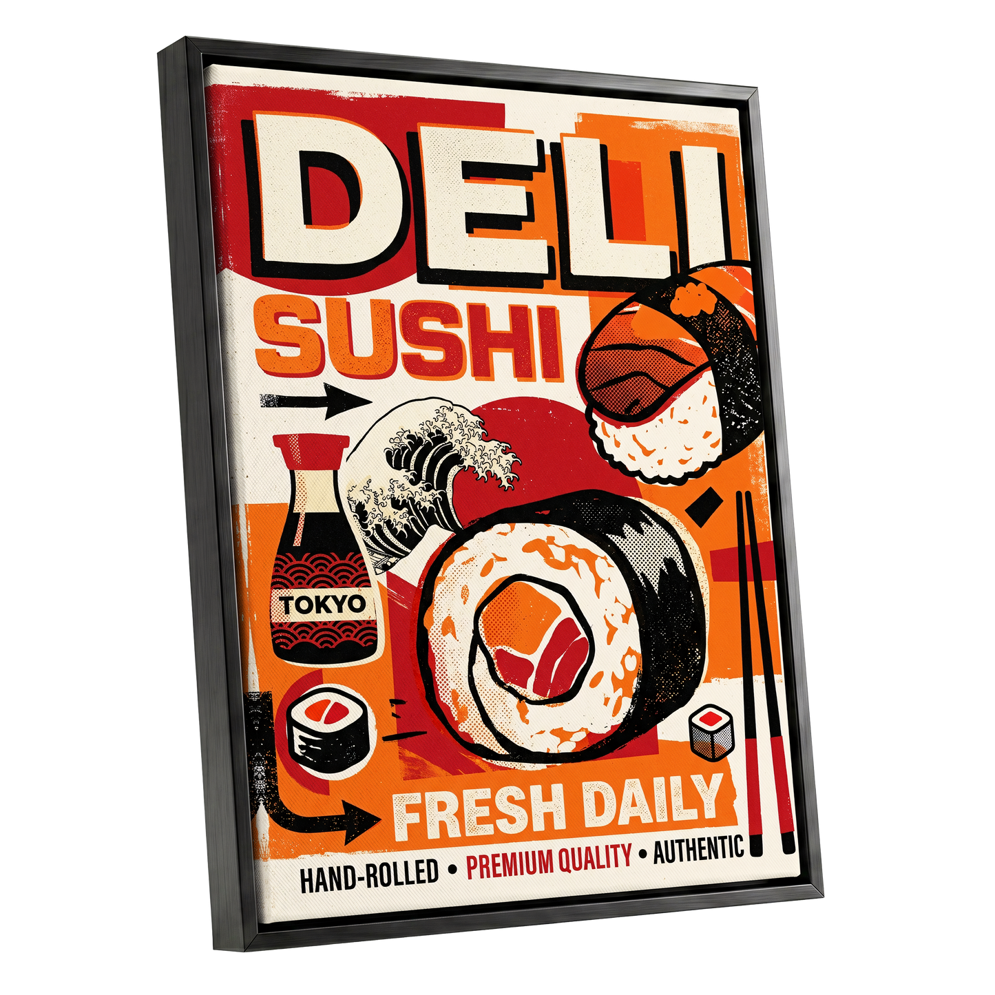 Tokyo Sushi Rush, red, orange, black abstract wall art shown as a black framed canvas wall art