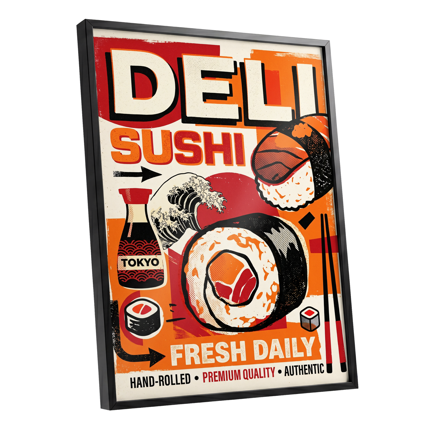 Tokyo Sushi Rush, red, orange, black abstract wall art shown as a black framed poster wall art print