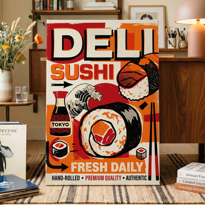 Tokyo Sushi Rush, red, orange, black abstract wall art on canvas displayed in a styled interior, gallery view 1