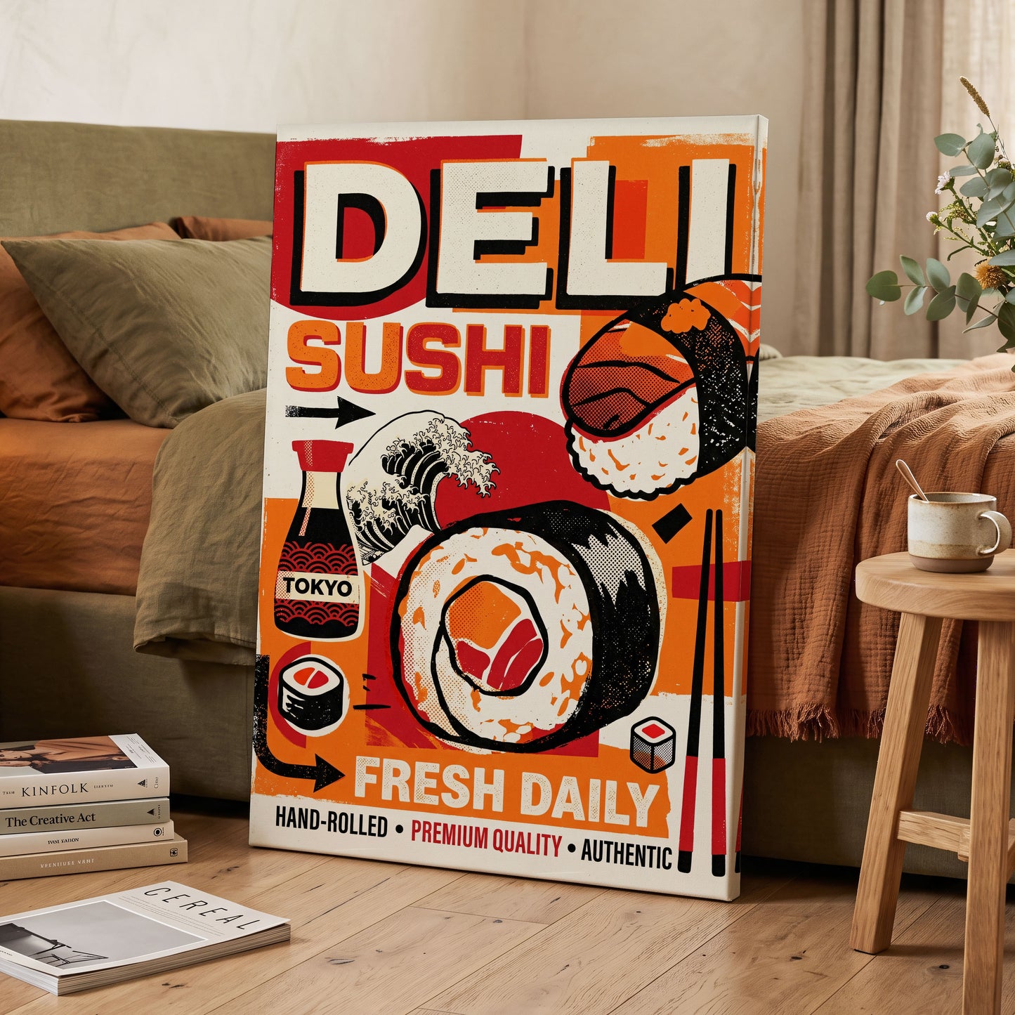 Tokyo Sushi Rush, red, orange, black abstract wall art on canvas displayed in a styled interior, gallery view 2