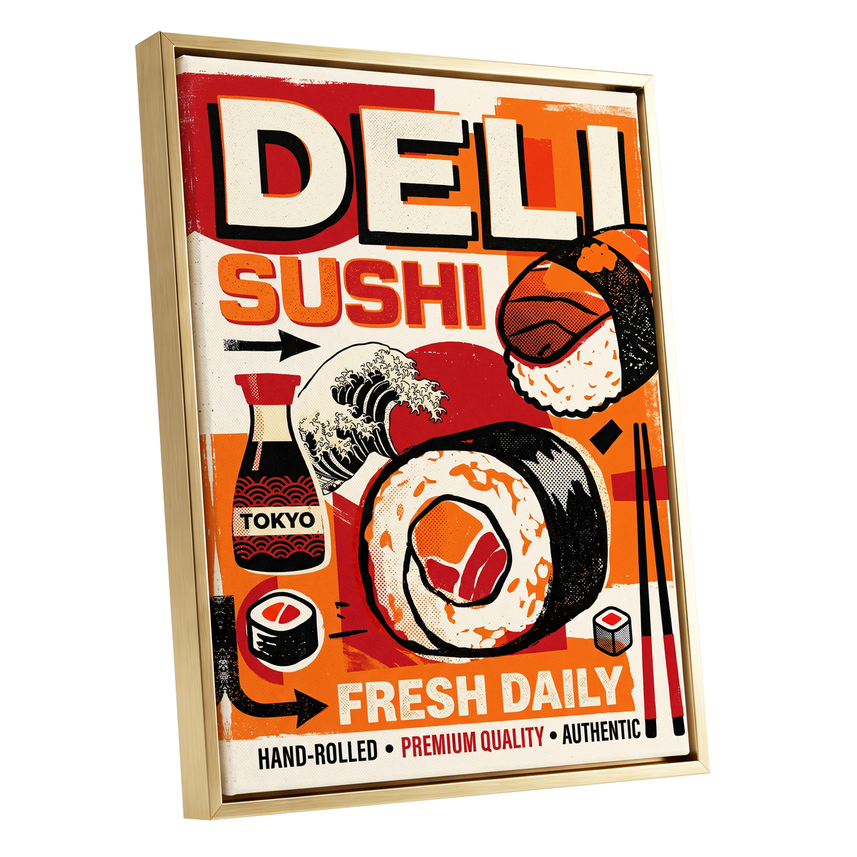Tokyo Sushi Rush, red, orange, black abstract wall art shown as a gold framed canvas wall art