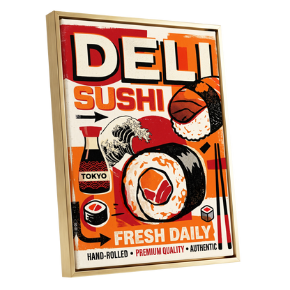Tokyo Sushi Rush, red, orange, black abstract wall art shown as a gold framed canvas wall art