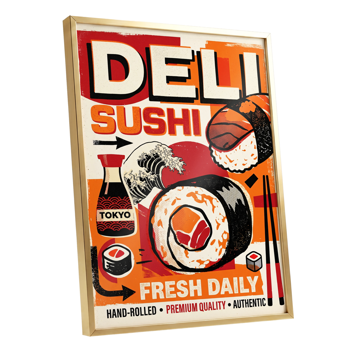 Tokyo Sushi Rush, red, orange, black abstract wall art shown as a gold framed poster wall art print