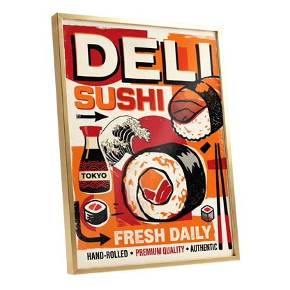 Tokyo Sushi Rush, red, orange, black abstract wall art shown as a gold framed poster wall art print