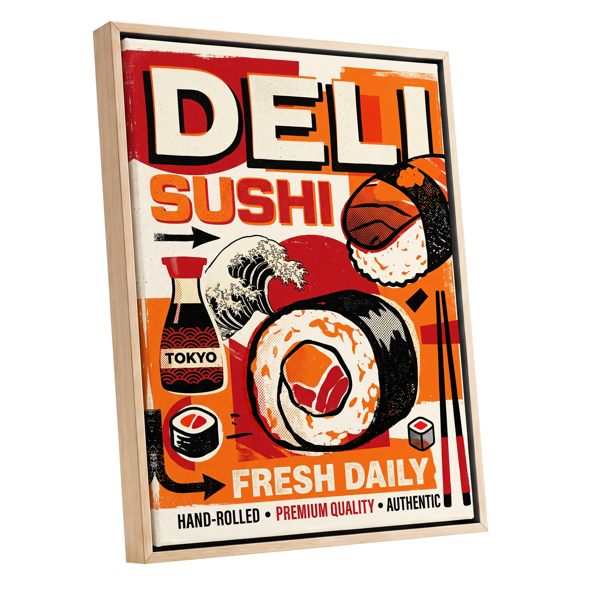 Tokyo Sushi Rush, red, orange, black abstract wall art shown as a oak framed canvas wall art