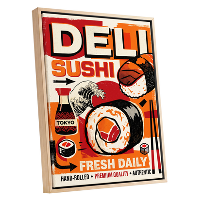 Tokyo Sushi Rush, red, orange, black abstract wall art shown as a oak framed canvas wall art
