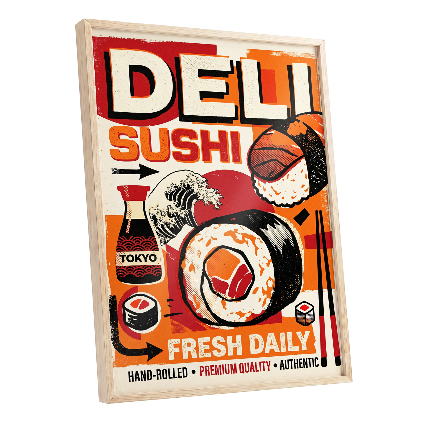 Tokyo Sushi Rush, red, orange, black abstract wall art shown as a oak framed poster wall art print