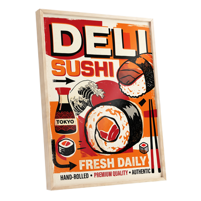 Tokyo Sushi Rush, red, orange, black abstract wall art shown as a oak framed poster wall art print