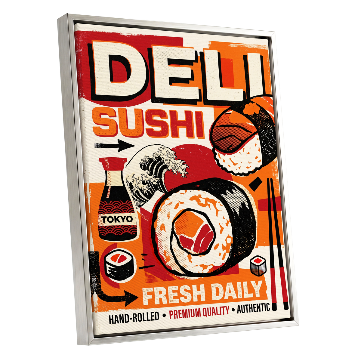 Tokyo Sushi Rush, red, orange, black abstract wall art shown as a silver framed canvas wall art