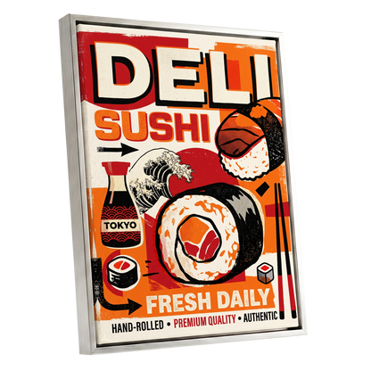 Tokyo Sushi Rush, red, orange, black abstract wall art shown as a silver framed canvas wall art