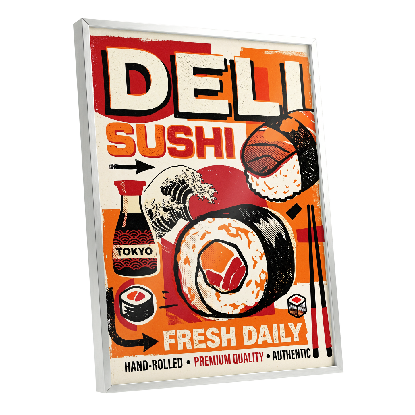 Tokyo Sushi Rush, red, orange, black abstract wall art shown as a silver framed poster wall art print