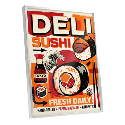 Tokyo Sushi Rush, red, orange, black abstract wall art shown as a silver framed poster wall art print