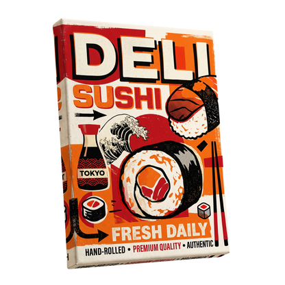 Tokyo Sushi Rush, red, orange, black abstract wall art shown as a stretched canvas wall art