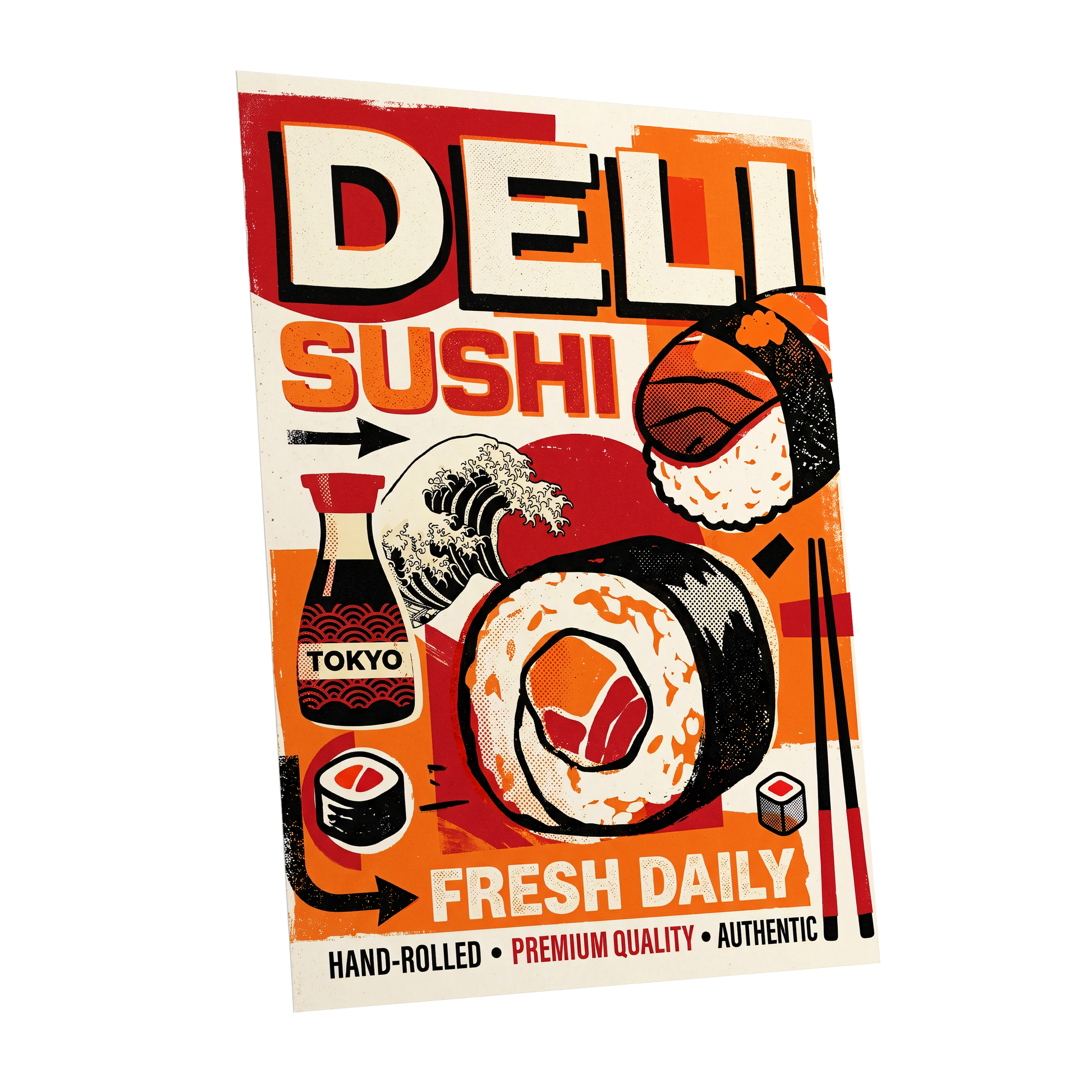Tokyo Sushi Rush, red, orange, black abstract wall art shown as a unframed poster wall art print