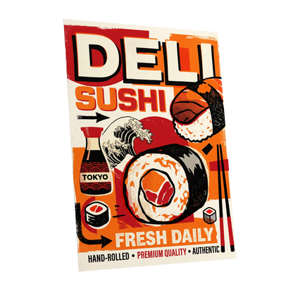 Tokyo Sushi Rush, red, orange, black abstract wall art shown as a unframed poster wall art print