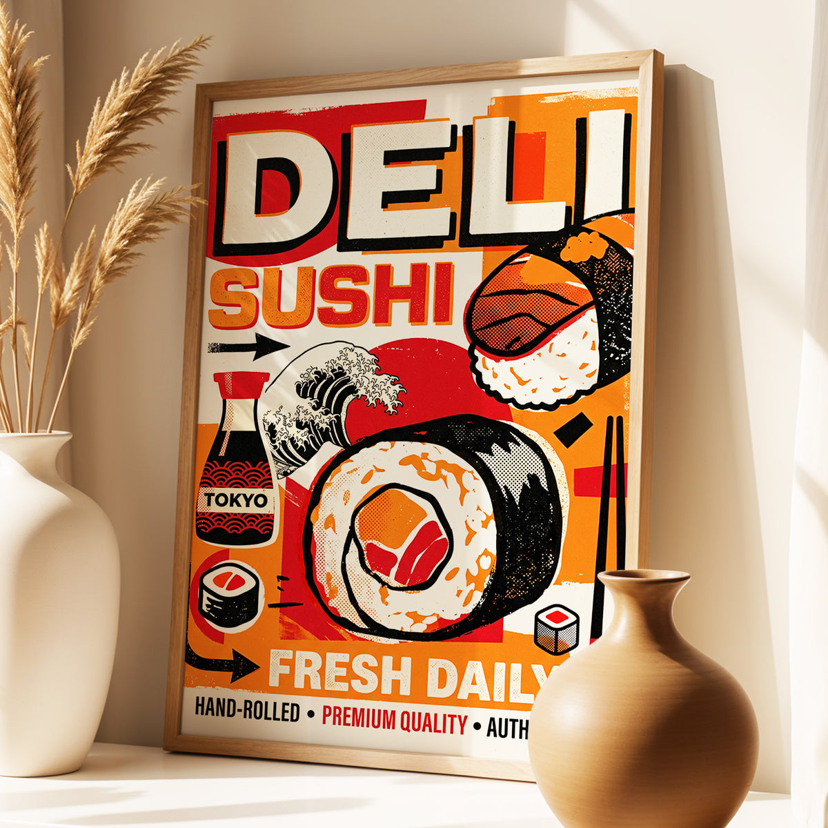 Tokyo Sushi Rush, red, orange, black abstract wall art displayed in a styled interior, gallery view 1