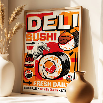 Tokyo Sushi Rush, red, orange, black abstract wall art displayed in a styled interior, gallery view 1