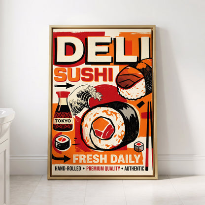 Tokyo Sushi Rush, red, orange, black abstract wall art displayed in a styled interior, gallery view 2