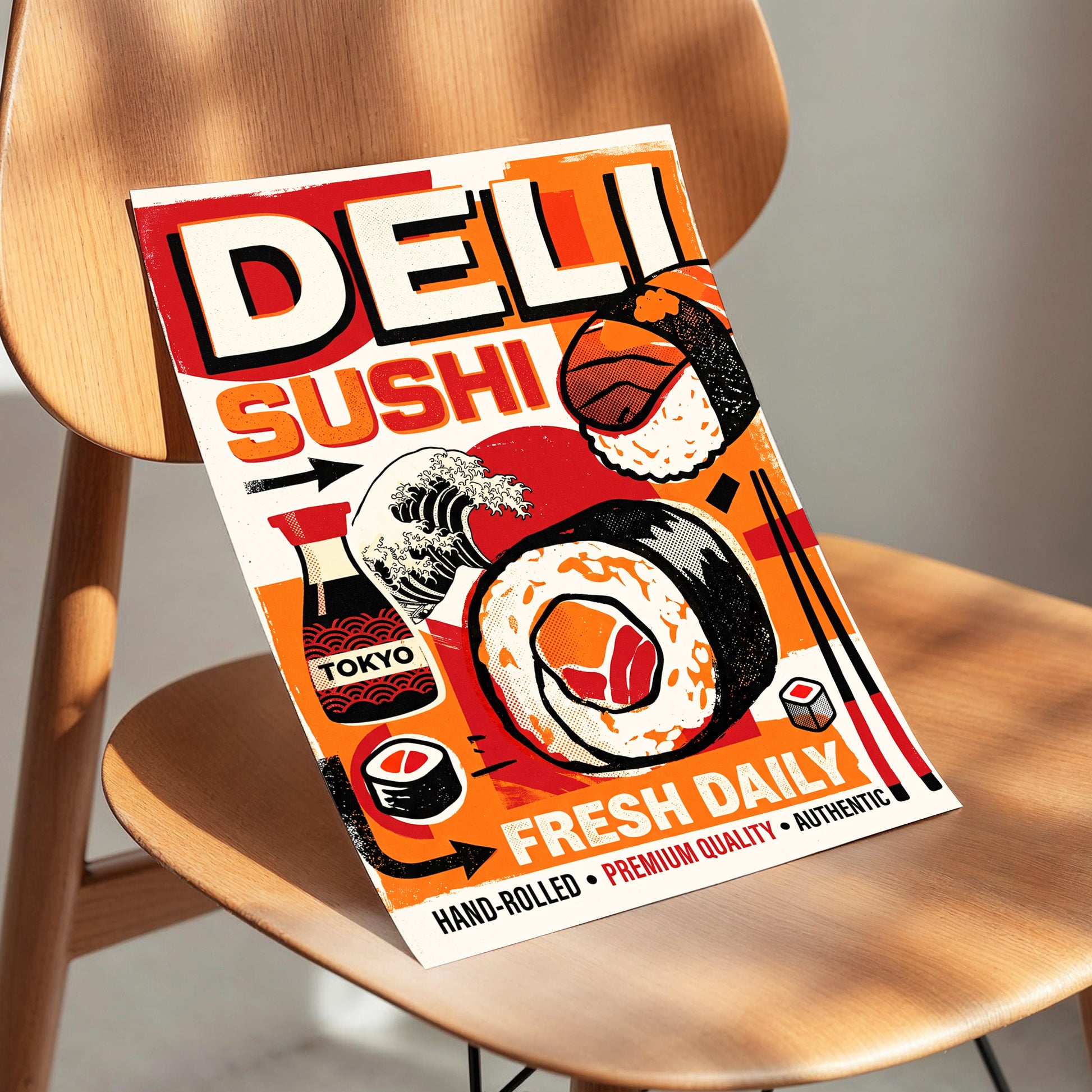 Tokyo Sushi Rush, red, orange, black abstract wall art displayed in a styled interior, gallery view 3
