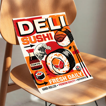 Tokyo Sushi Rush, red, orange, black abstract wall art displayed in a styled interior, gallery view 3