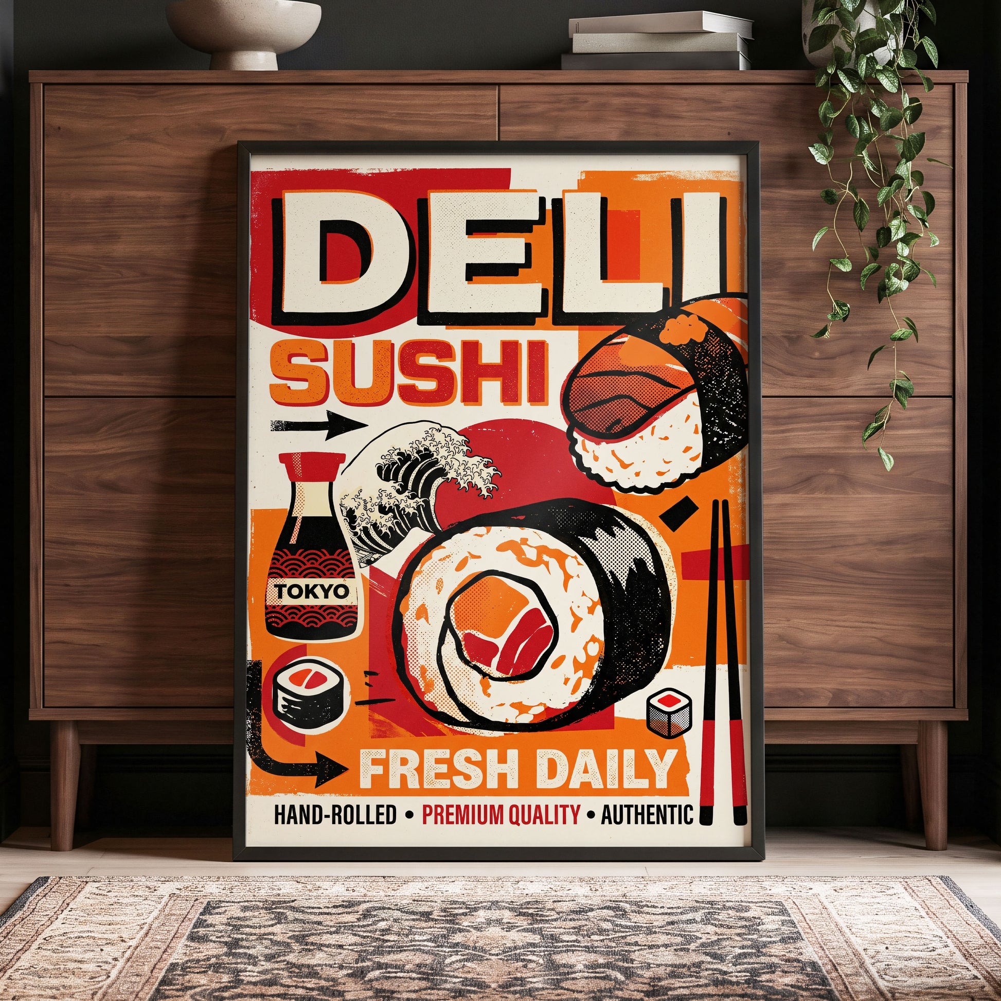 Tokyo Sushi Rush, red, orange, black abstract wall art displayed in a styled interior, gallery view 4