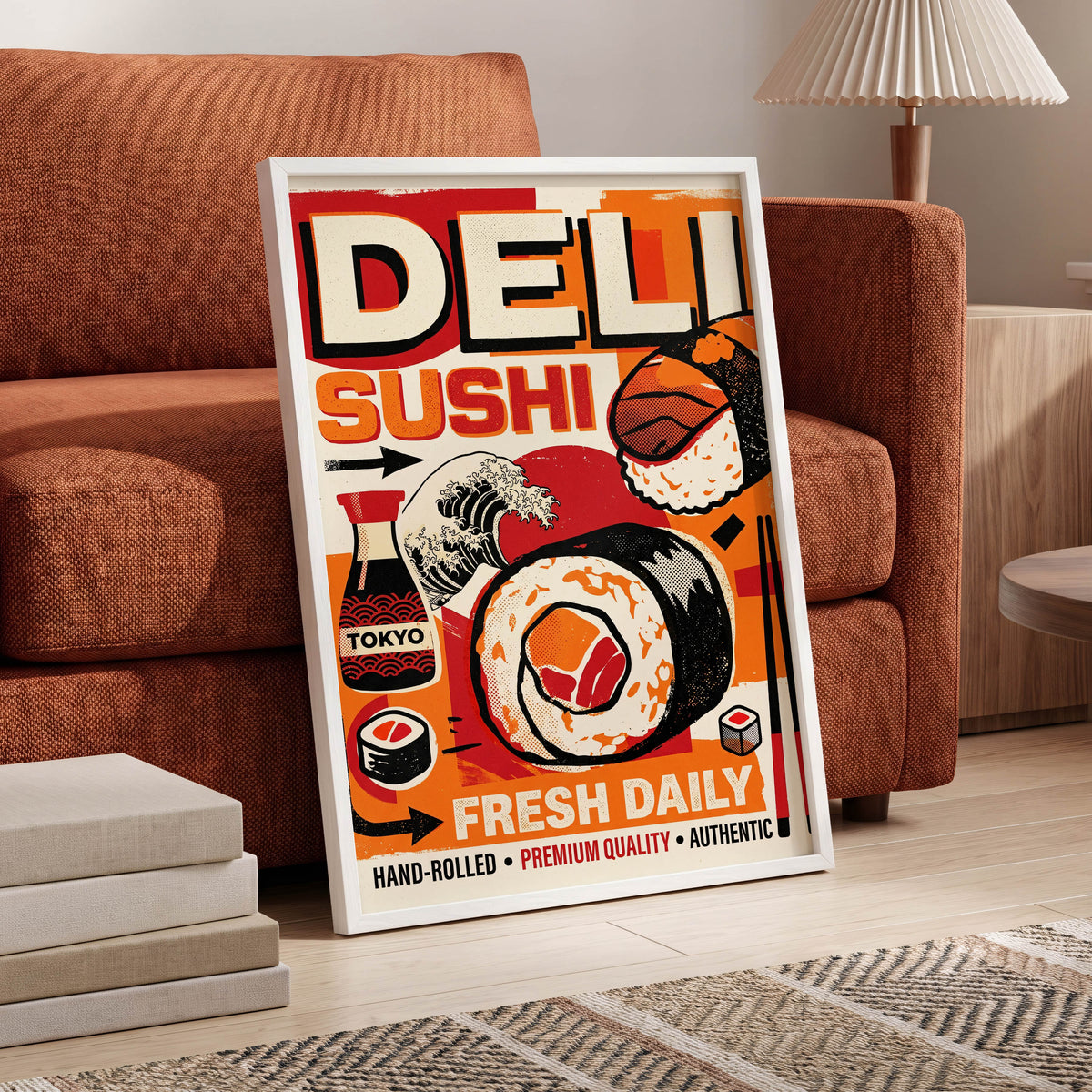 Tokyo Sushi Rush, red, orange, black abstract wall art displayed in a styled interior, gallery view 5